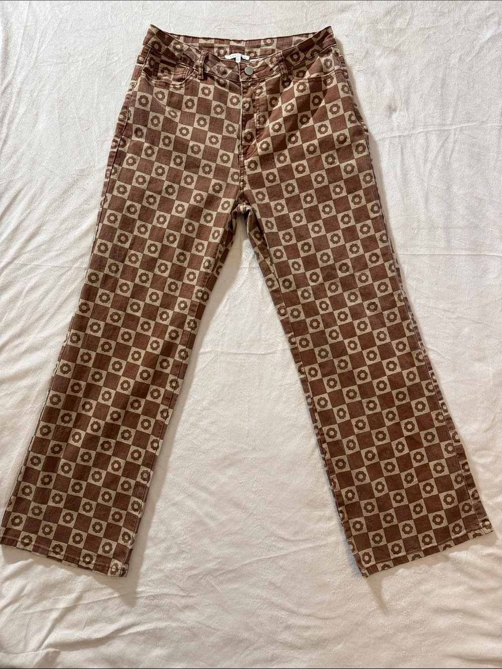 Funky Brown Checkered & Flower Flare Pants
